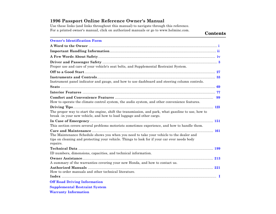 HONDA 1996 Passport User Manual | 1 page