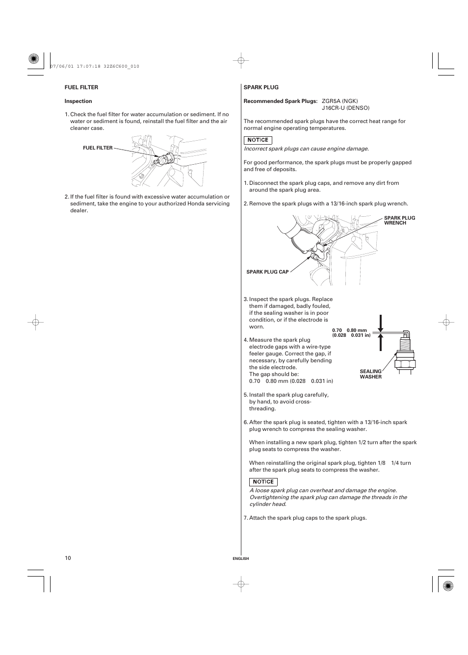 Fuel filter, Inspection, Spark plug | Recommended spark plugs | HONDA GX670 User Manual | Page 10 / 58