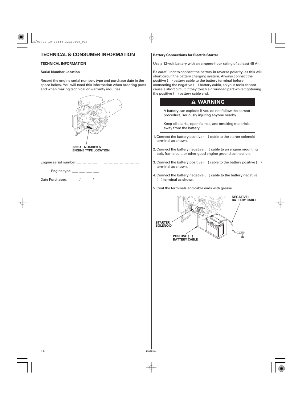 Technical & consumer information, Technical information, Serial number location | Battery connections for electric starter, Technical & consumer, Information | HONDA GX670 User Manual | Page 14 / 58