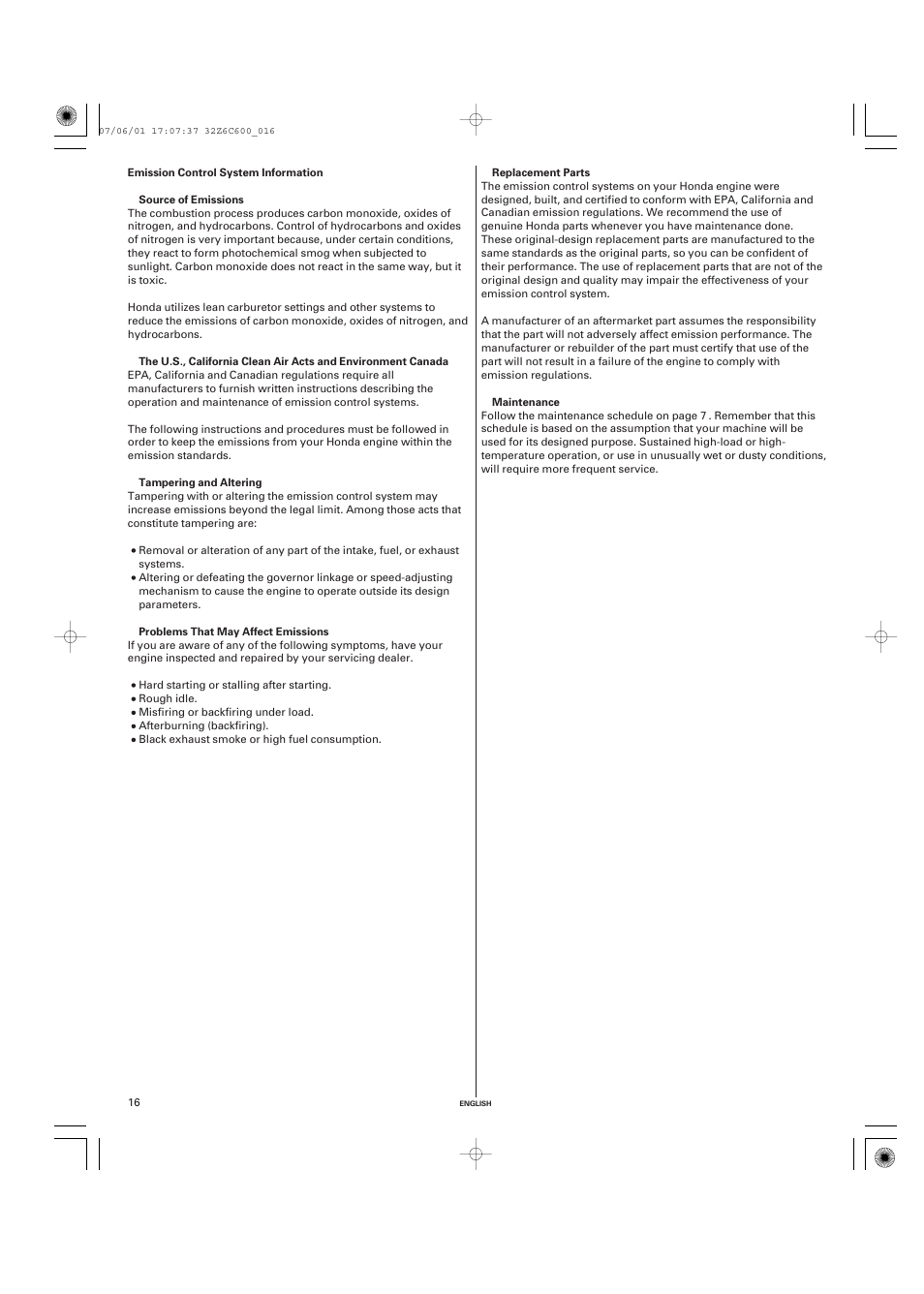 Oxygenated fuels, Emission control system information | HONDA GX670 User Manual | Page 16 / 58