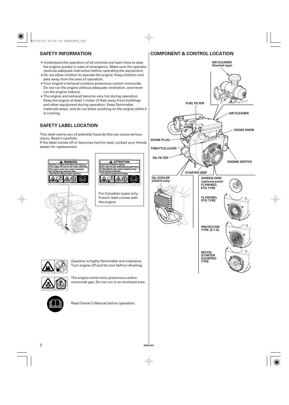 Safety information, Safety label location, Component & control location | Component & control, Location | HONDA GX670 User Manual | Page 2 / 58