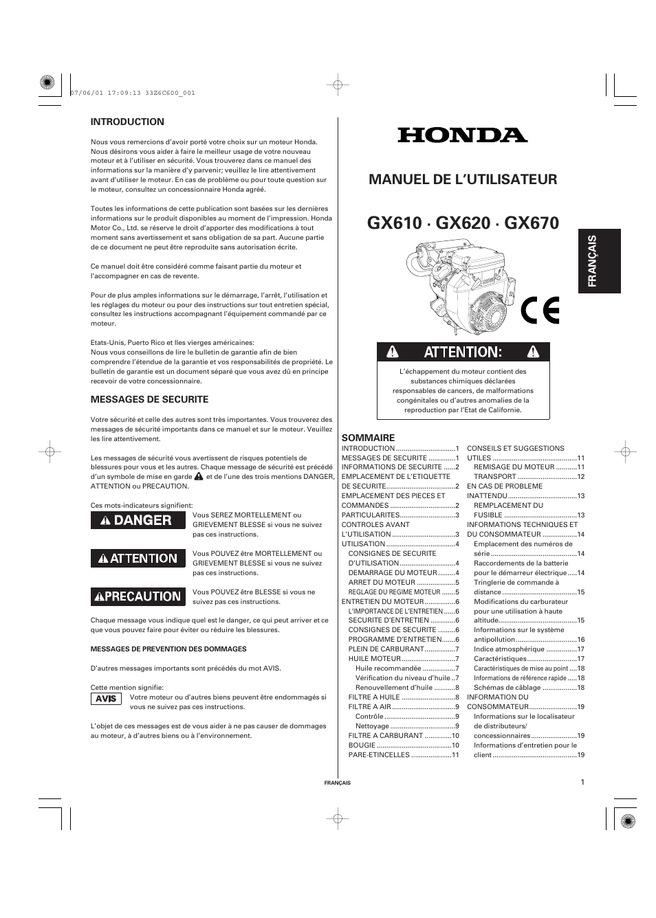 Français, Manuel de l’utilisateur, Fr anç a is | HONDA GX670 User Manual | Page 21 / 58