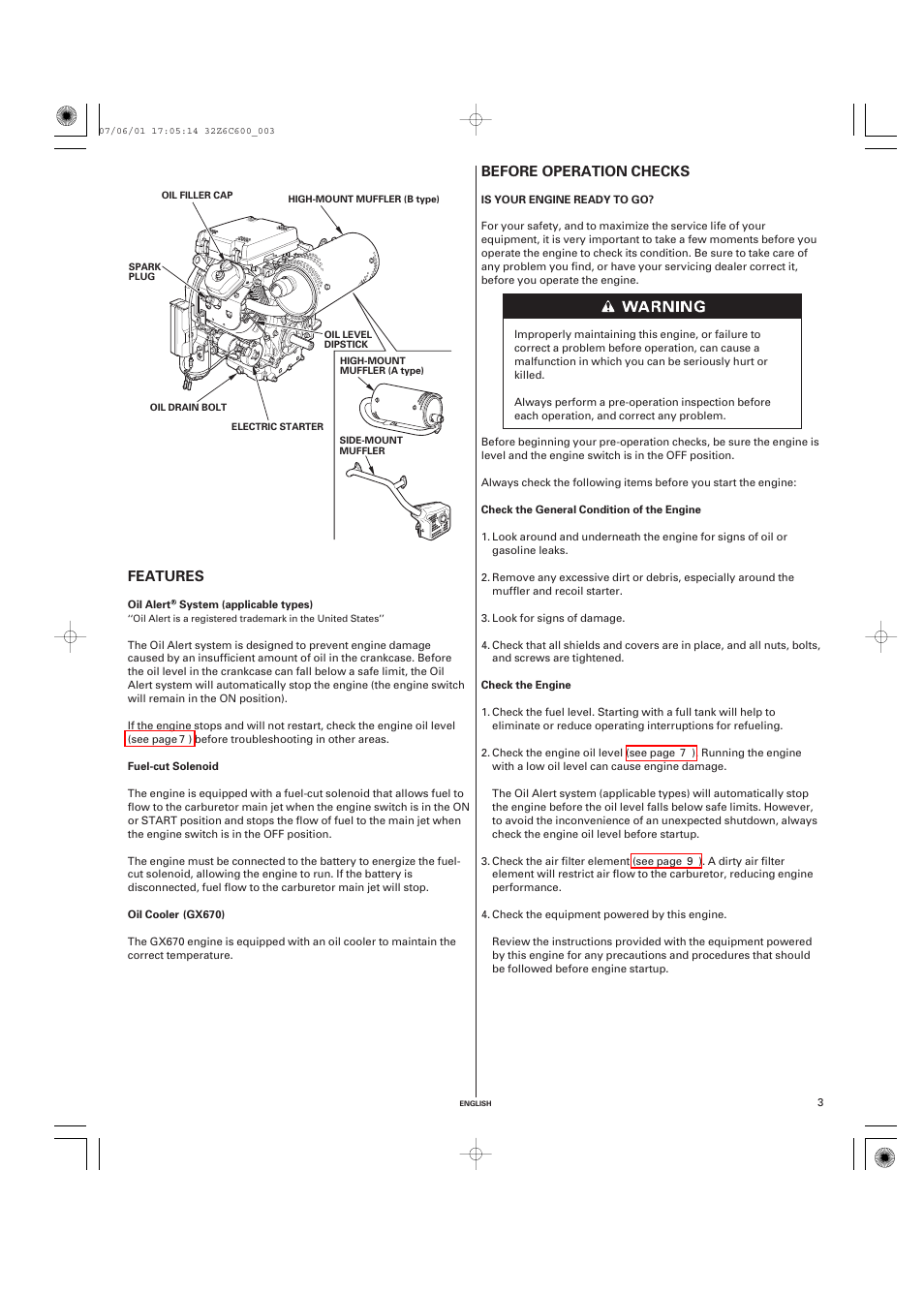 Features, Oil alert system (applicable types), Fuel-cut solenoid | Oil cooler (gx670), Before operation checks, Is your engine ready to go, Before operation, Checks, Before operation checks features | HONDA GX670 User Manual | Page 3 / 58
