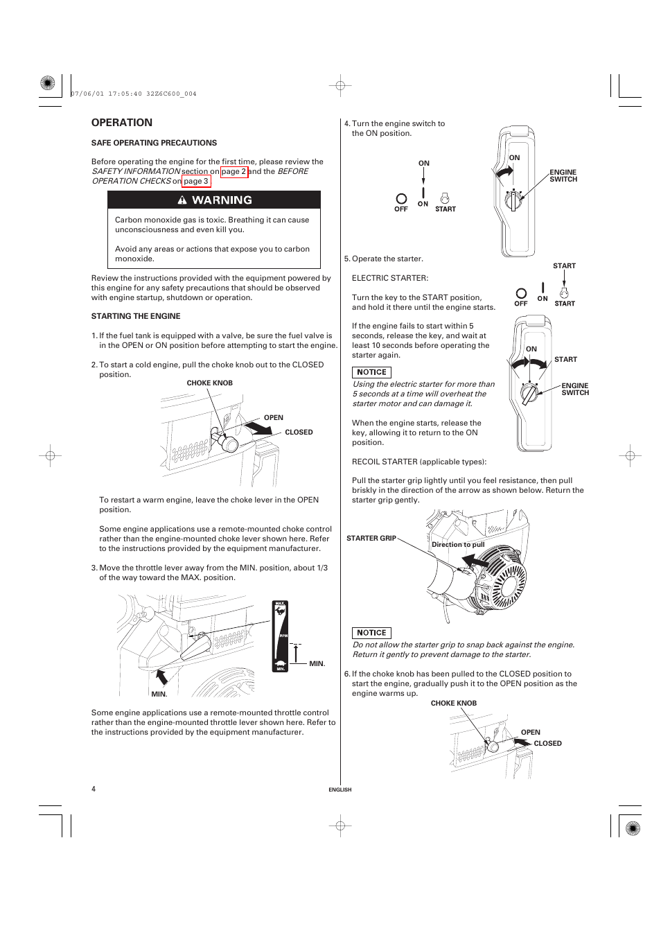 Operation, Safe operating precautions, Starting the engine | HONDA GX670 User Manual | Page 4 / 58