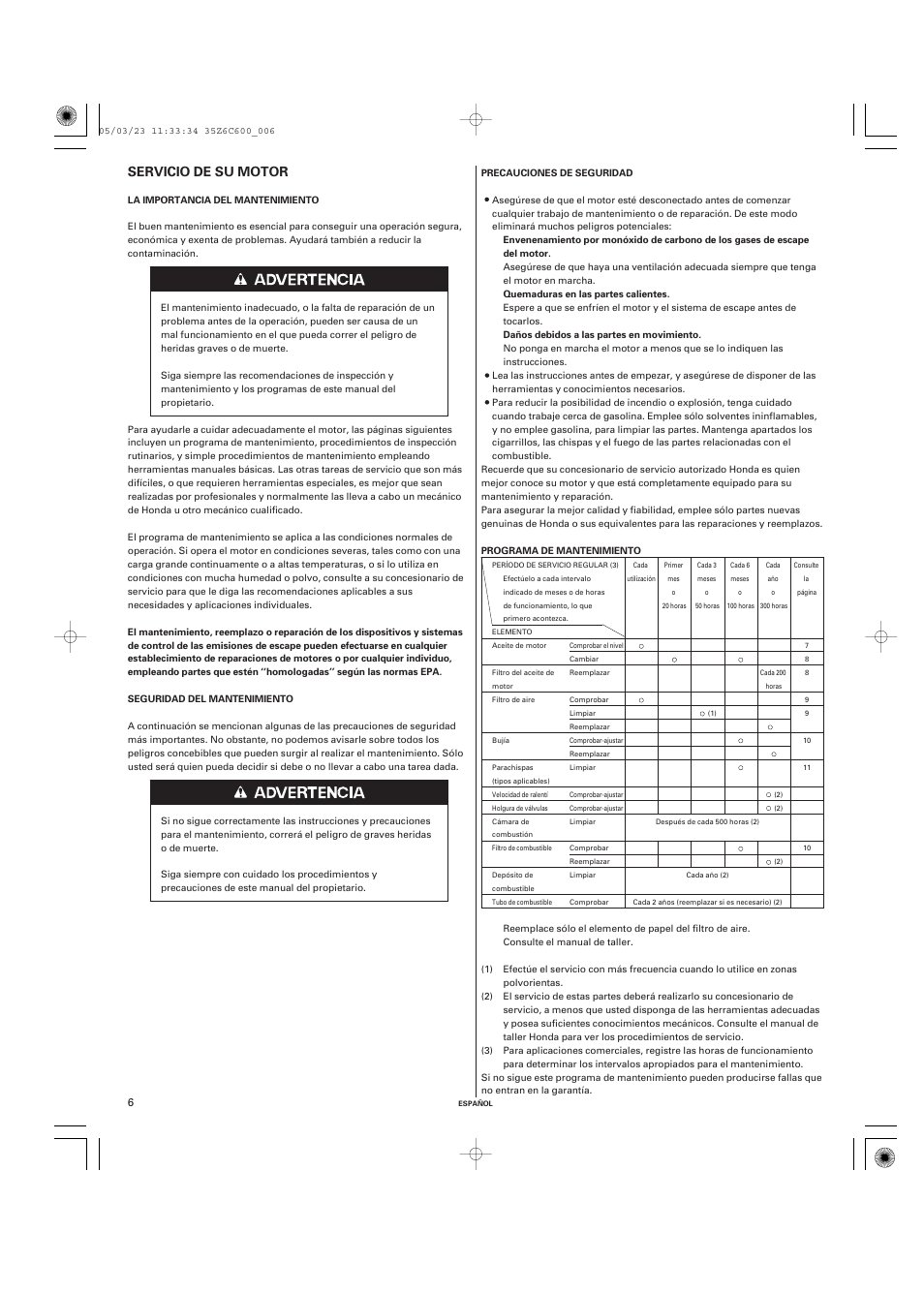 Servicio de su motor | HONDA GX670 User Manual | Page 45 / 58