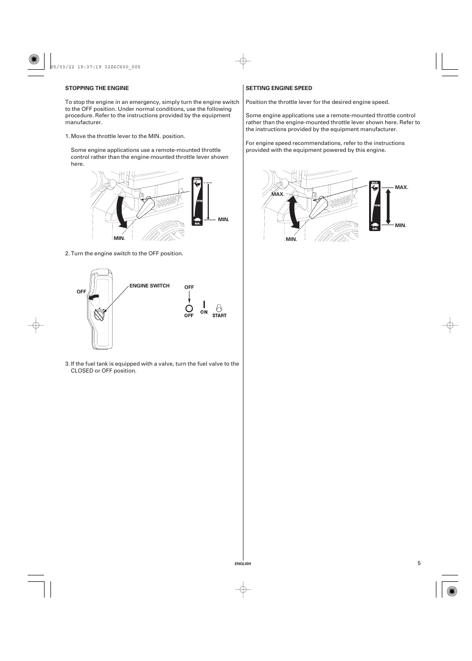 Stopping the engine, Setting engine speed | HONDA GX670 User Manual | Page 5 / 58