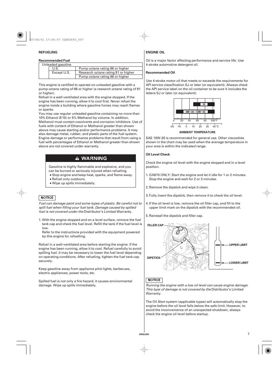 Refueling, Recommended fuel, Engine oil | Recommended oil, Oil level check | HONDA GX670 User Manual | Page 7 / 58