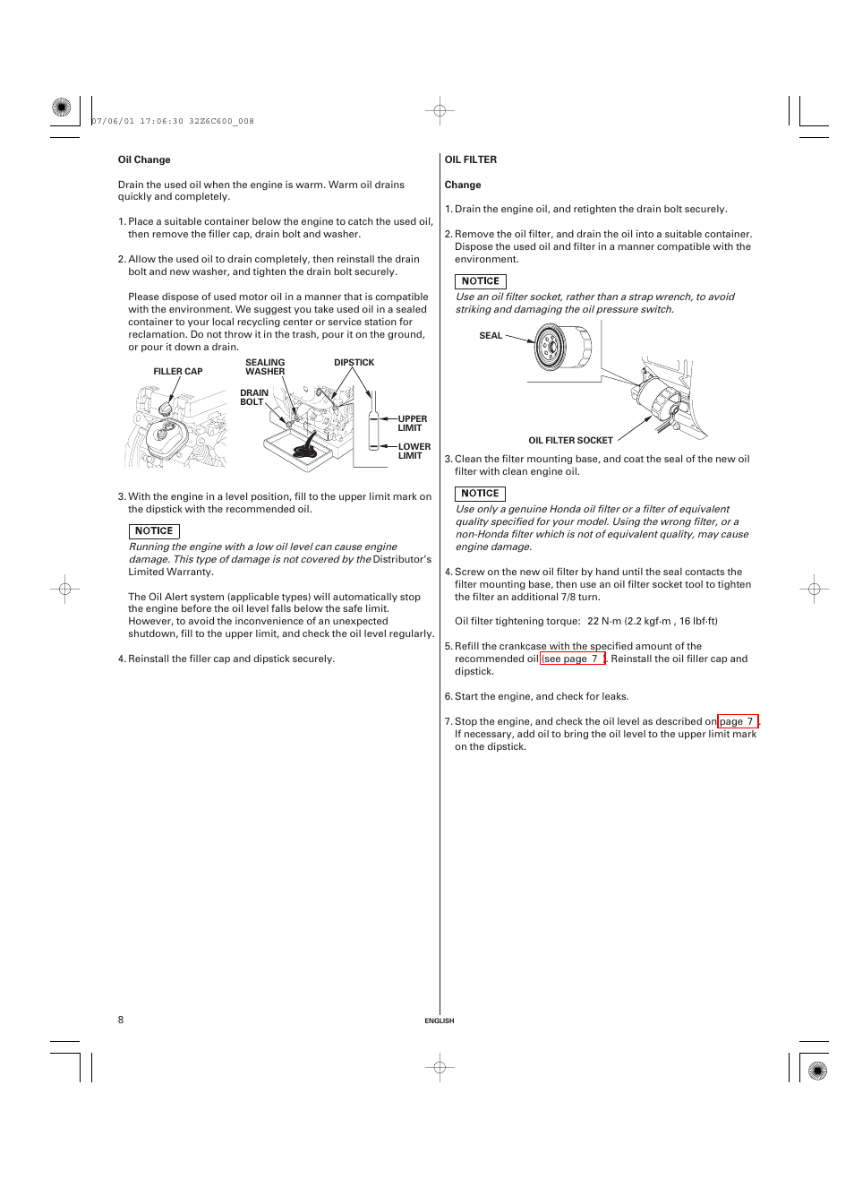 Oil change, Oil filter, Change | HONDA GX670 User Manual | Page 8 / 58