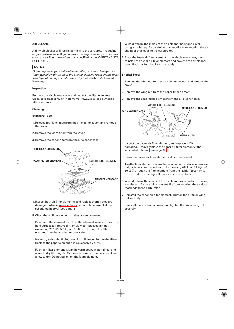Air cleaner, Inspection, Cleaning | HONDA GX670 User Manual | Page 9 / 58