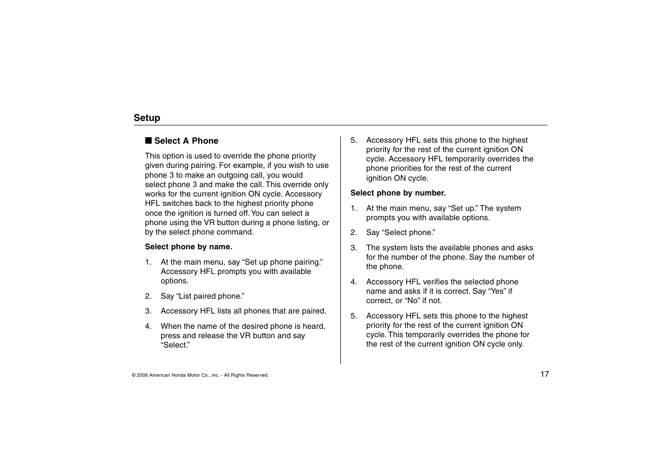 HONDA Accord Accessory HandsFreeLink 2008 User Manual | Page 17 / 35