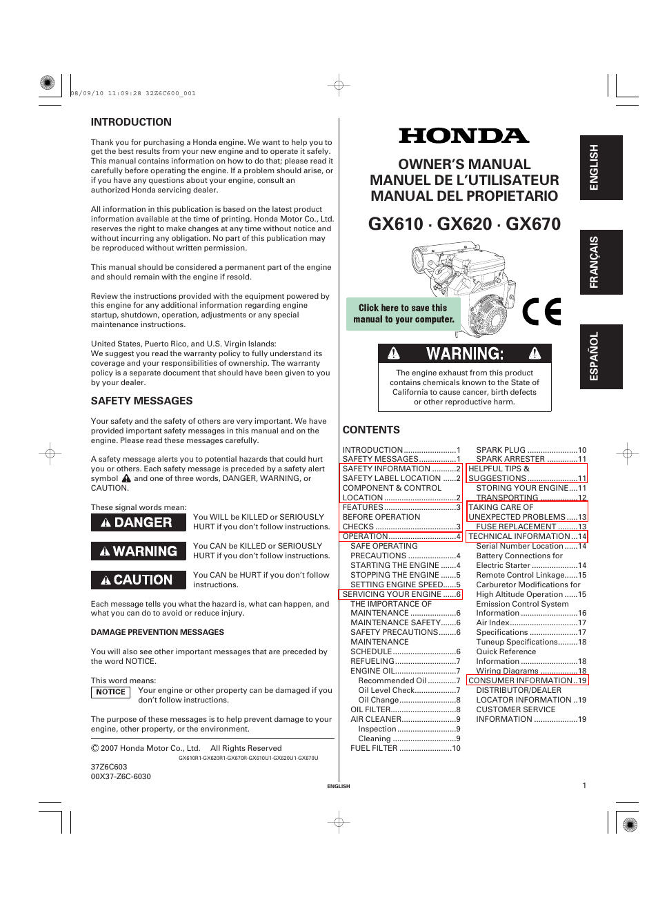 HONDA GX620 User Manual | 58 pages