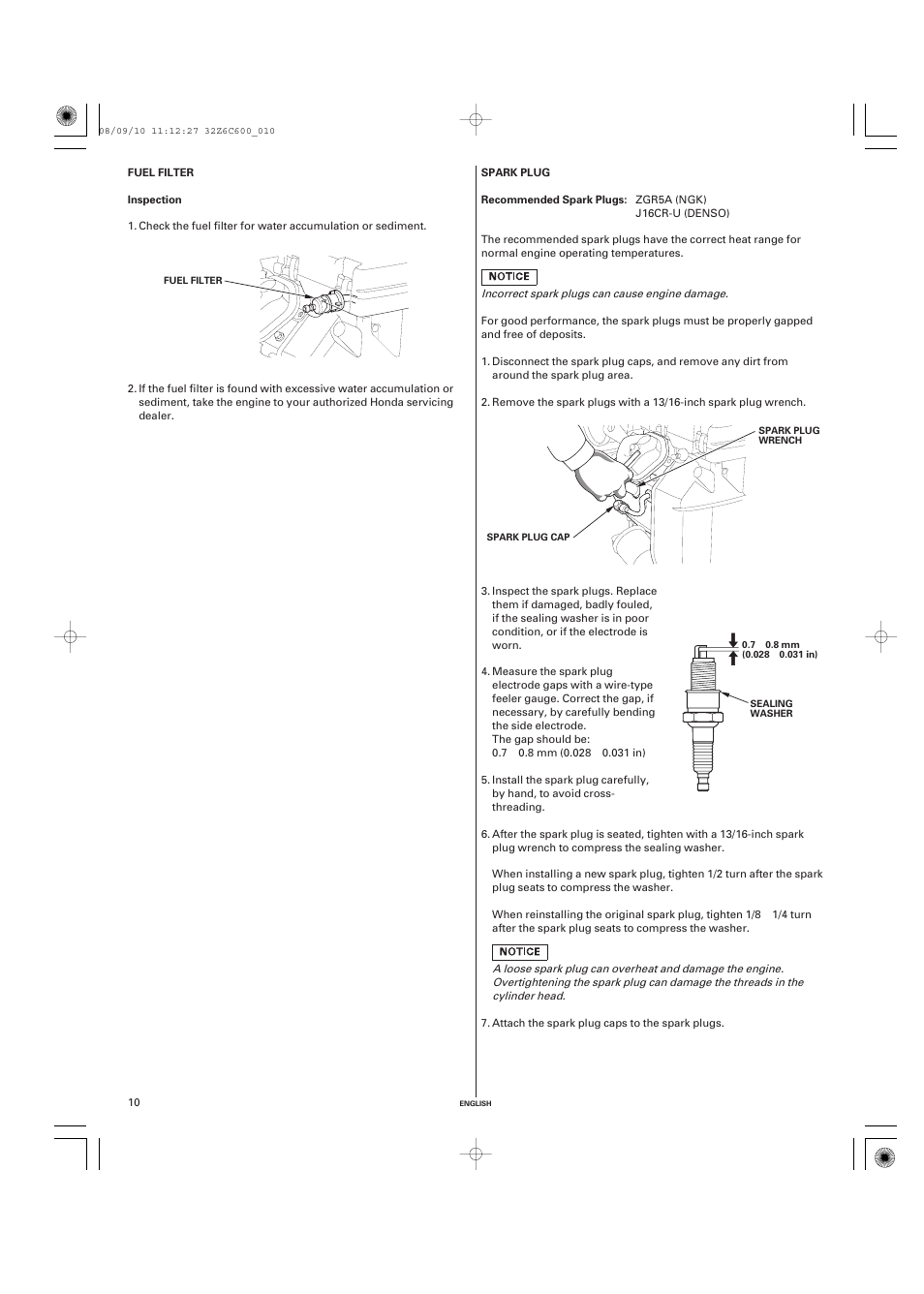 Fuel filter, Inspection, Spark plug | Recommended spark plugs | HONDA GX620 User Manual | Page 10 / 58