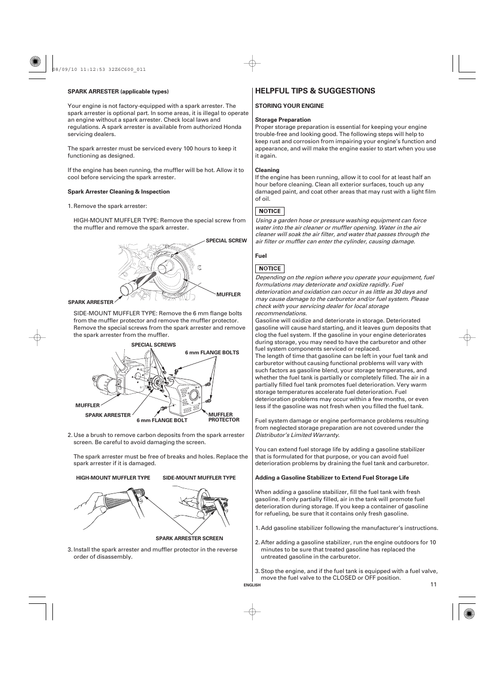 Spark arrester (applicable types), Spark arrester cleaning & inspection, Helpful tips & suggestions | Storing your engine, Storage preparation, Cleaning, Fuel, Helpful tips, Suggestions | HONDA GX620 User Manual | Page 11 / 58