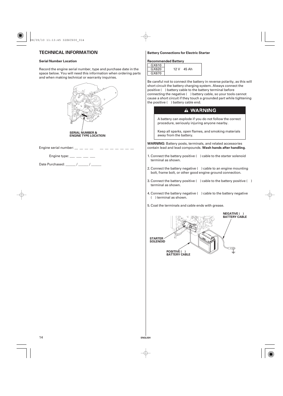 Technical information, Serial number location, Battery connections for electric starter | Technical information .14 | HONDA GX620 User Manual | Page 14 / 58