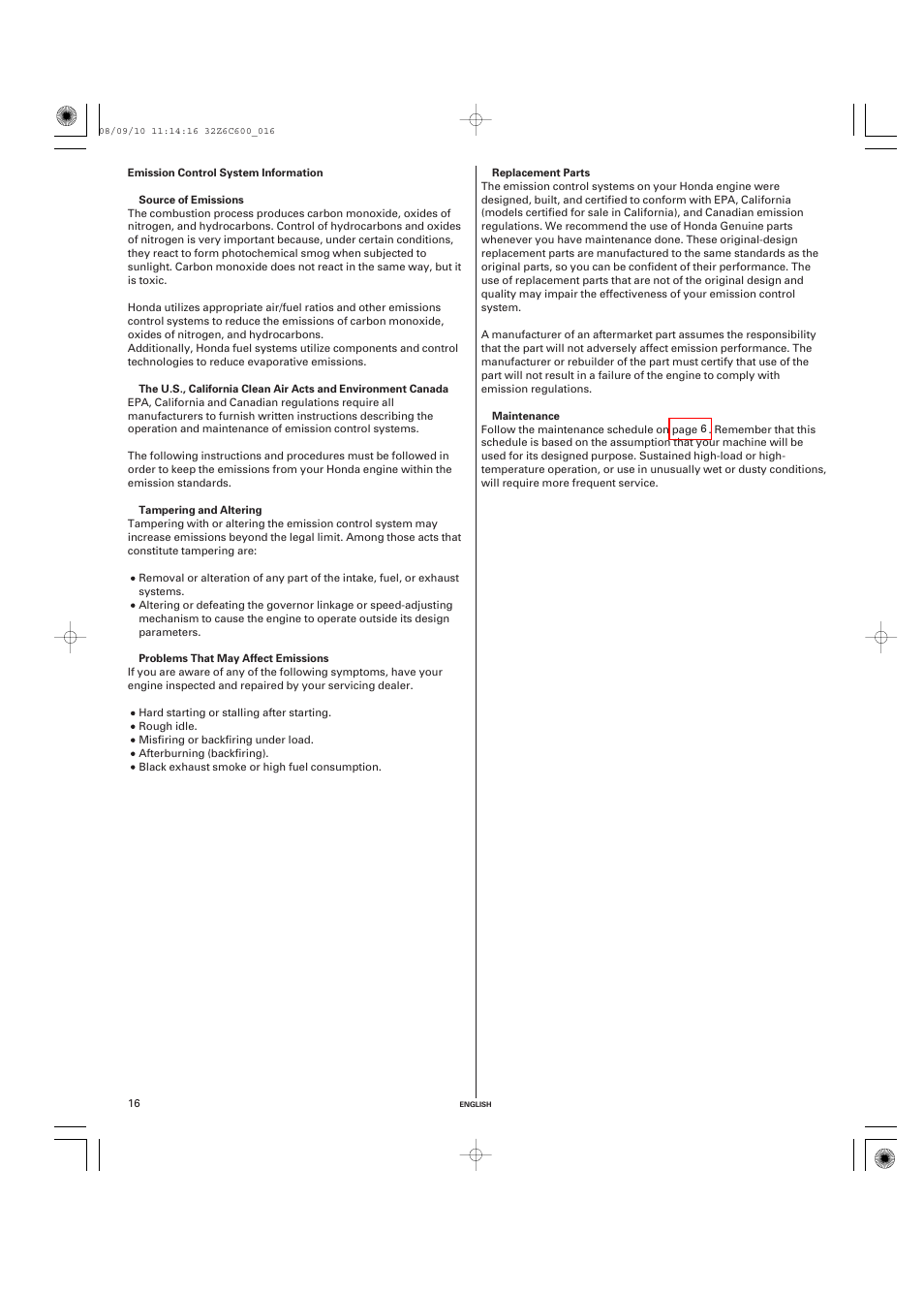 Emission control system information | HONDA GX620 User Manual | Page 16 / 58