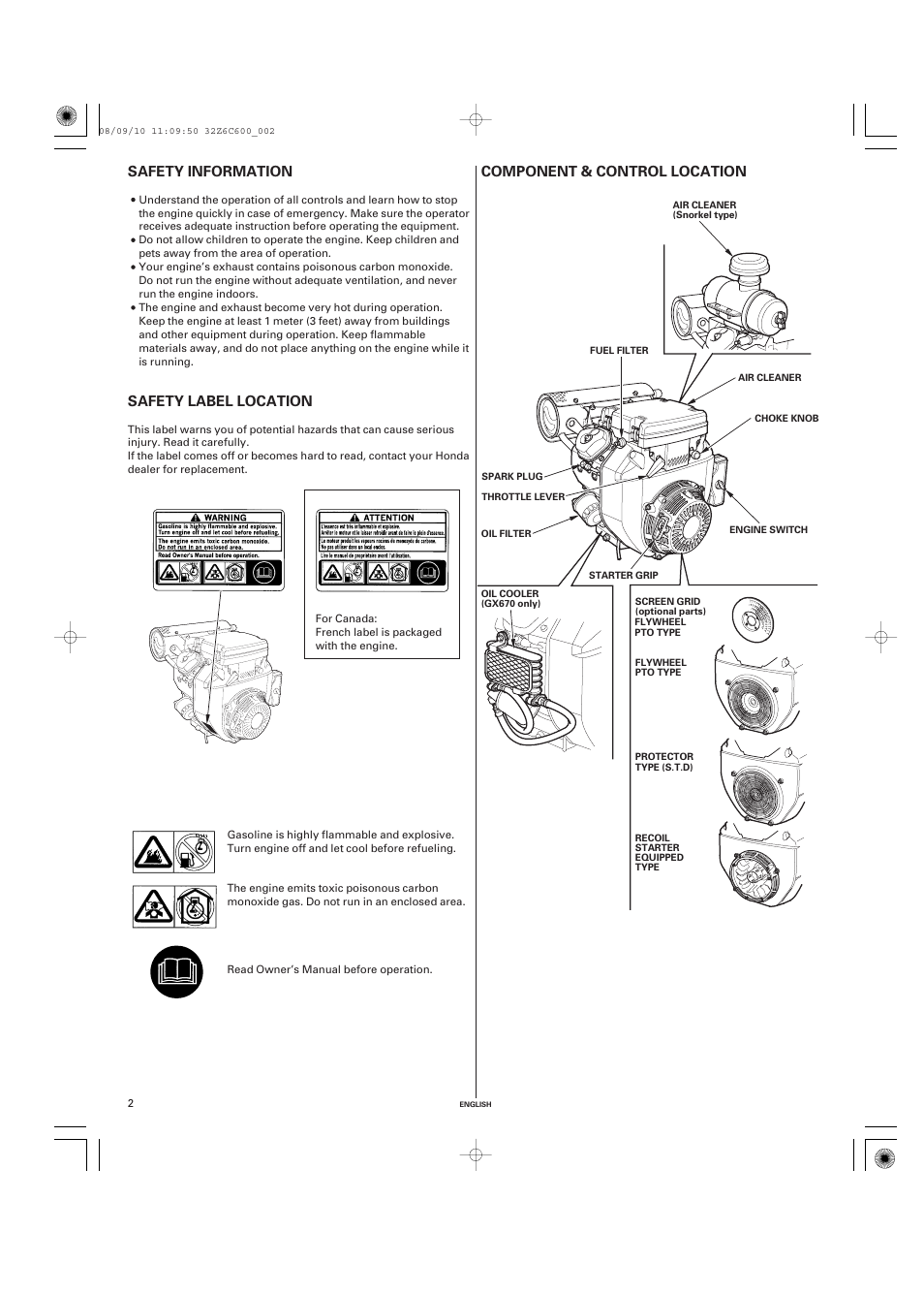 Safety information, Safety label location, Component & control location | Component & control, Location | HONDA GX620 User Manual | Page 2 / 58