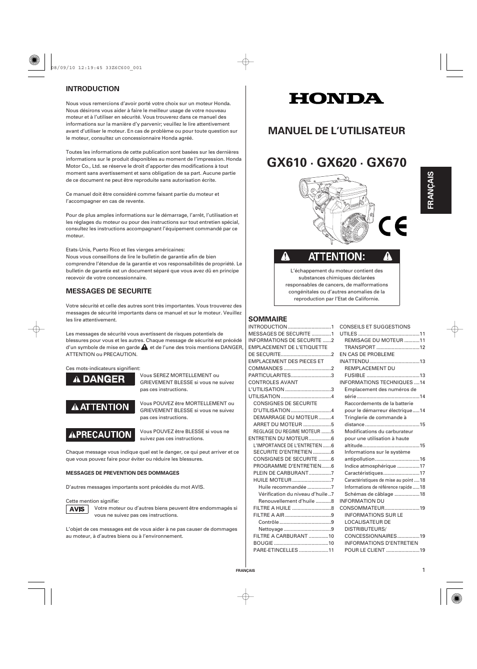 Français, Manuel de l’utilisateur, Fr anç a is | HONDA GX620 User Manual | Page 21 / 58