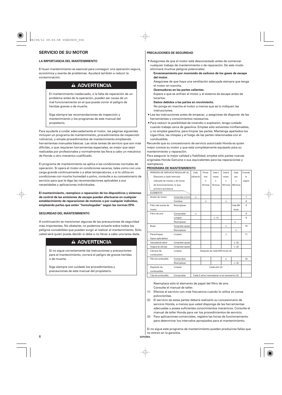 Servicio de su motor | HONDA GX620 User Manual | Page 45 / 58