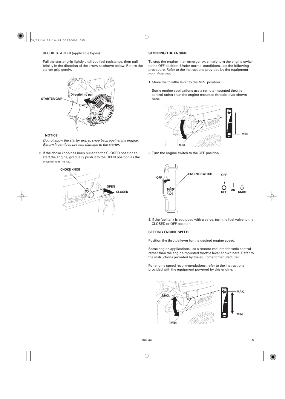 Stopping the engine, Setting engine speed | HONDA GX620 User Manual | Page 5 / 58