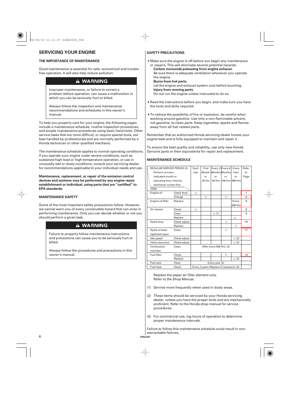 Servicing your engine, The importance of maintenance, Maintenance safety | Safety precautions, Maintenance schedule | HONDA GX620 User Manual | Page 6 / 58