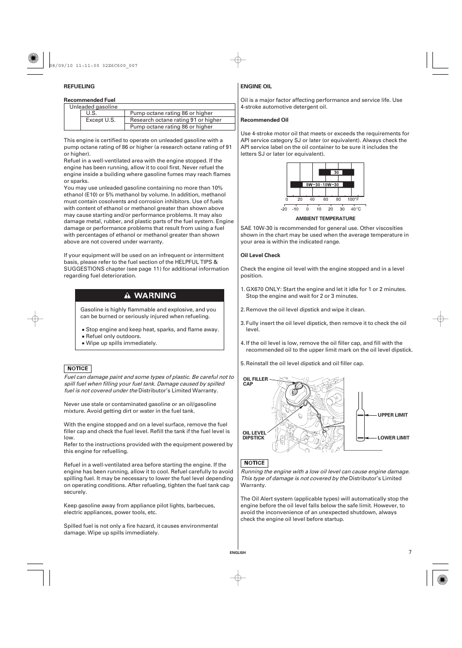 Refueling, Recommended fuel, Engine oil | Recommended oil, Oil level check | HONDA GX620 User Manual | Page 7 / 58