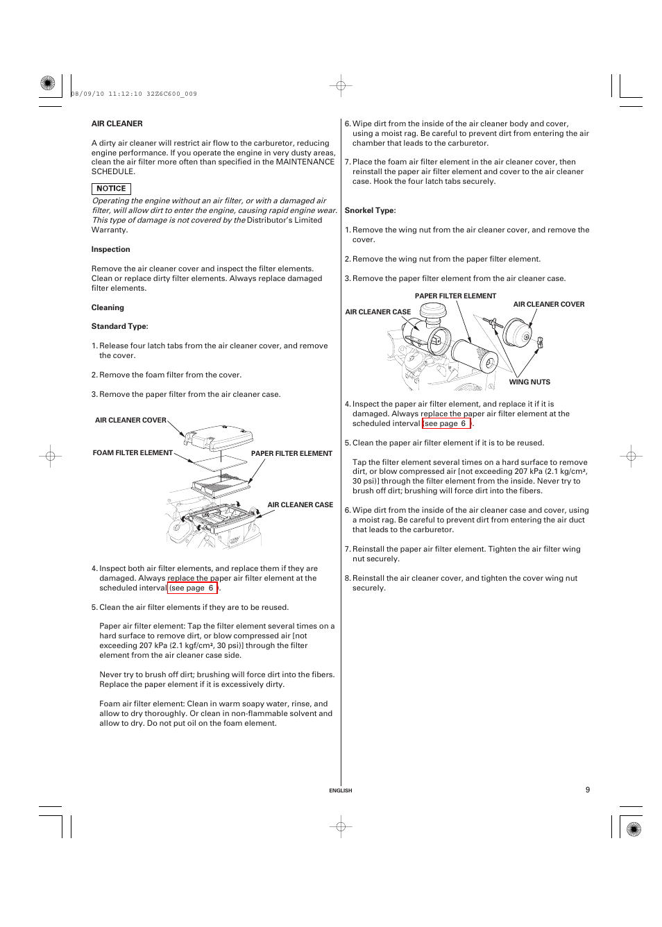 Air cleaner, Inspection, Cleaning | HONDA GX620 User Manual | Page 9 / 58