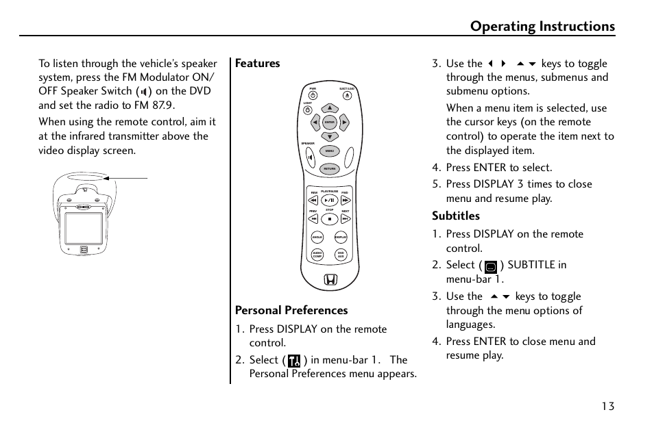 Operating instructions, Features, Personal preferences | Subtitles | HONDA 08A23-9E1-010 User Manual | Page 14 / 31