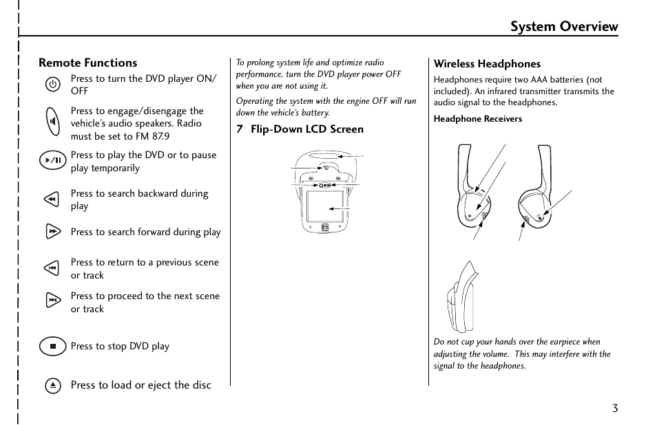 System overview, Remote functions, 7″ flip-down lcd screen | Wireless headphones, Press to load or eject the disc | HONDA 08A23-9E1-010 User Manual | Page 4 / 31