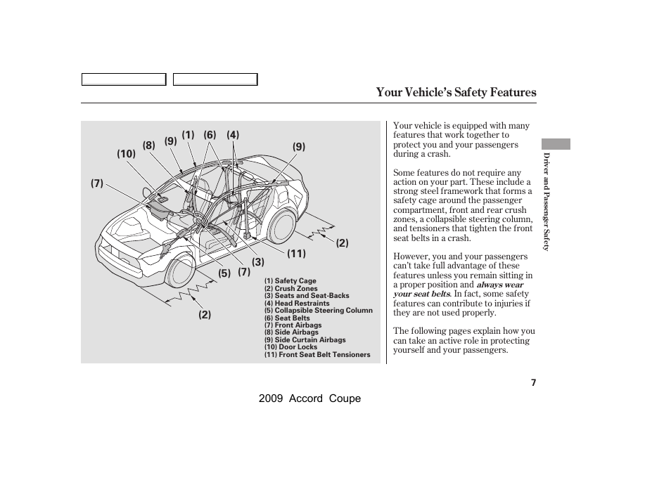 Your vehicle’s safety features | HONDA 2009 Accord Coupe User Manual | Page 10 / 412