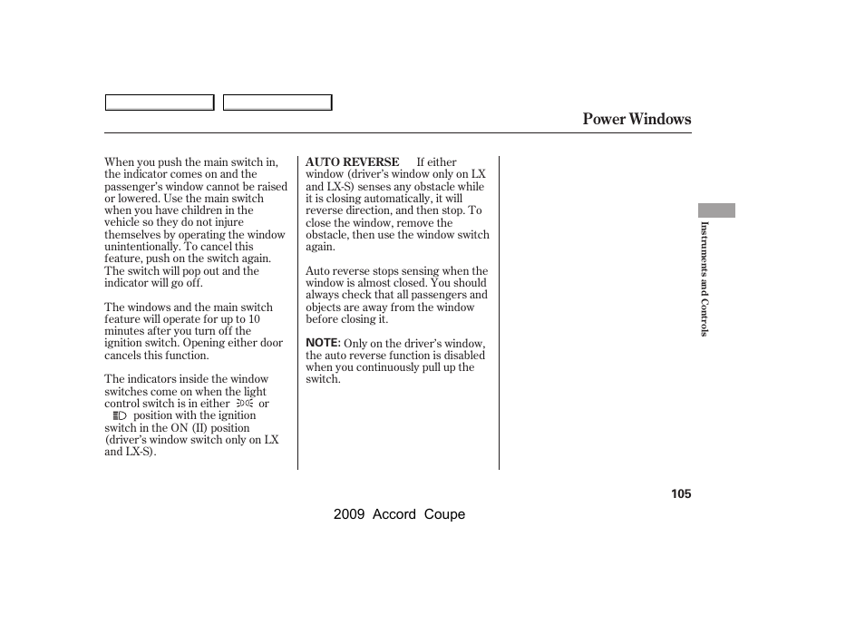 Power windows, 2009 accord coupe | HONDA 2009 Accord Coupe User Manual | Page 108 / 412