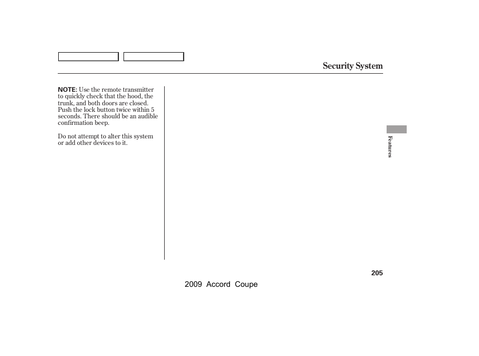 Security system | HONDA 2009 Accord Coupe User Manual | Page 208 / 412