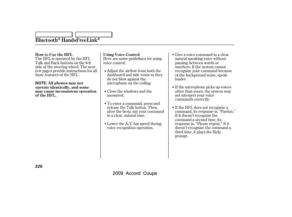 Bluetooth handsfreelink | HONDA 2009 Accord Coupe User Manual | Page 223 / 412