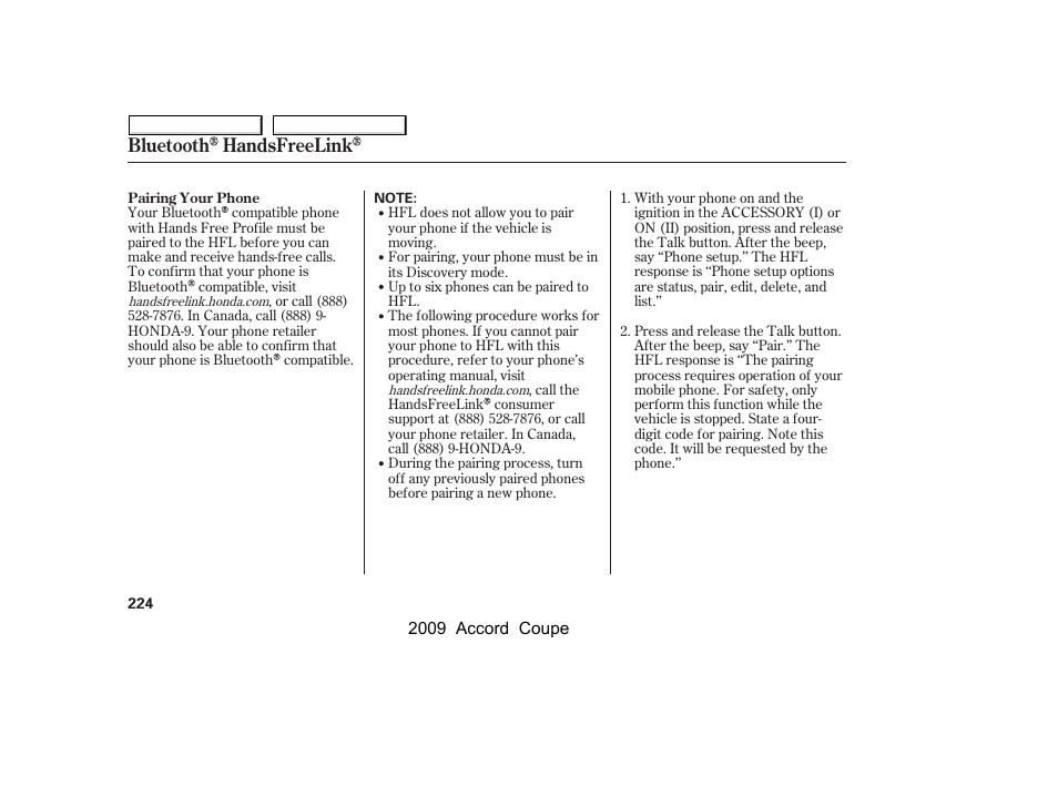 Bluetooth handsfreelink | HONDA 2009 Accord Coupe User Manual | Page 227 / 412