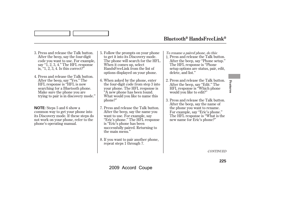 Bluetooth handsfreelink | HONDA 2009 Accord Coupe User Manual | Page 228 / 412