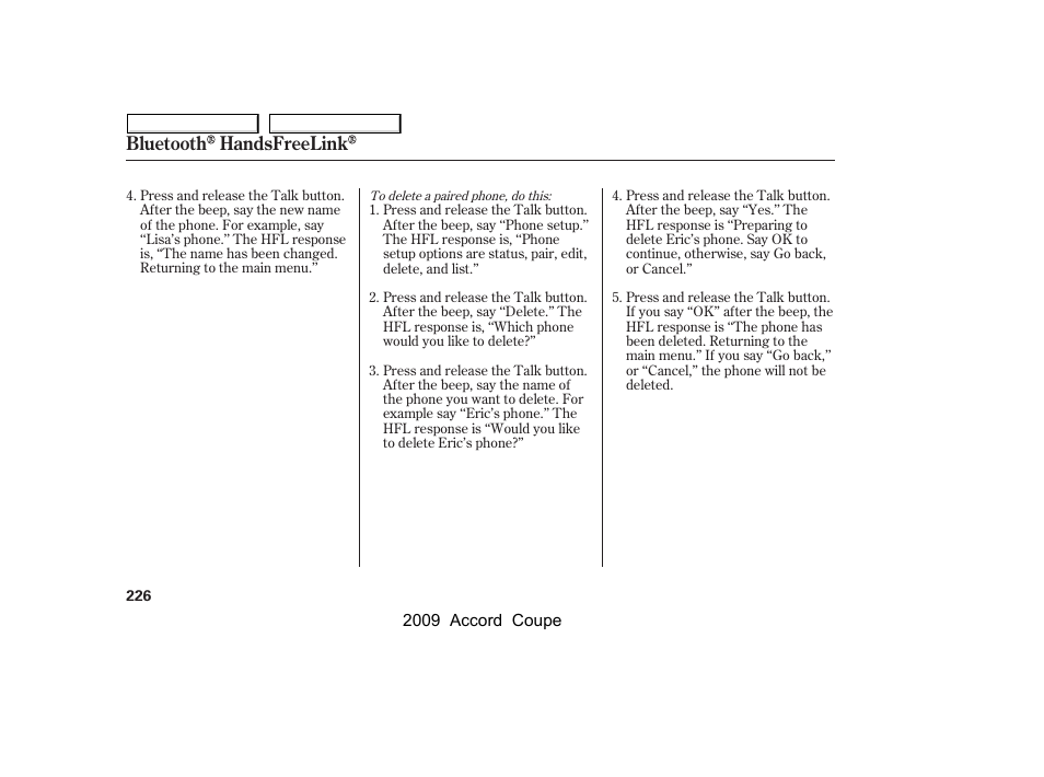 Bluetooth handsfreelink | HONDA 2009 Accord Coupe User Manual | Page 229 / 412