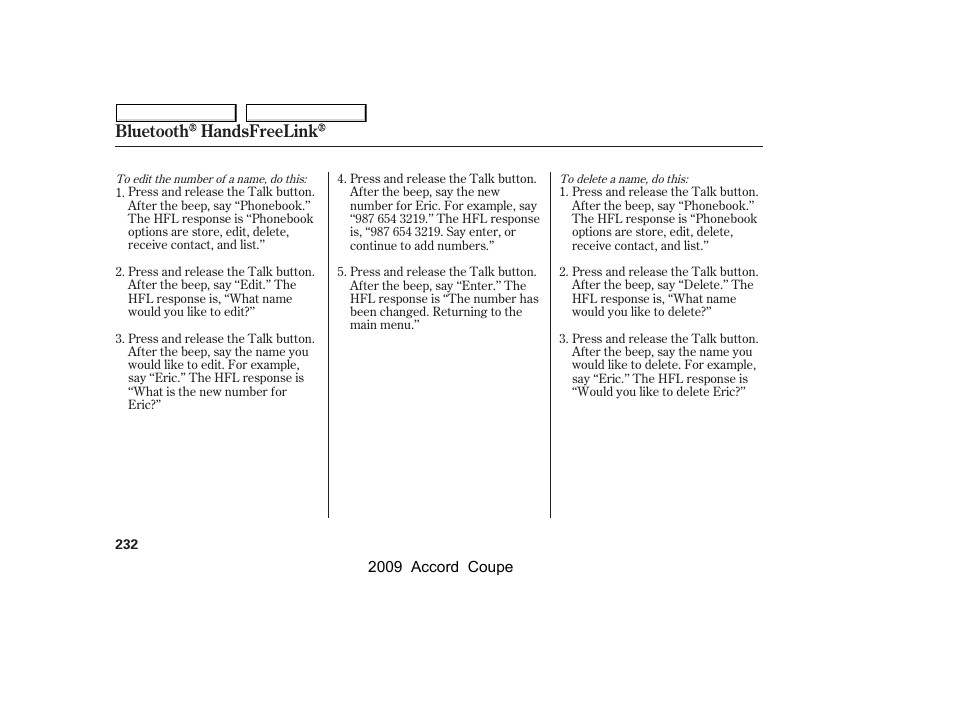 Bluetooth handsfreelink | HONDA 2009 Accord Coupe User Manual | Page 235 / 412