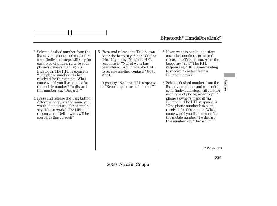 Bluetooth handsfreelink | HONDA 2009 Accord Coupe User Manual | Page 238 / 412