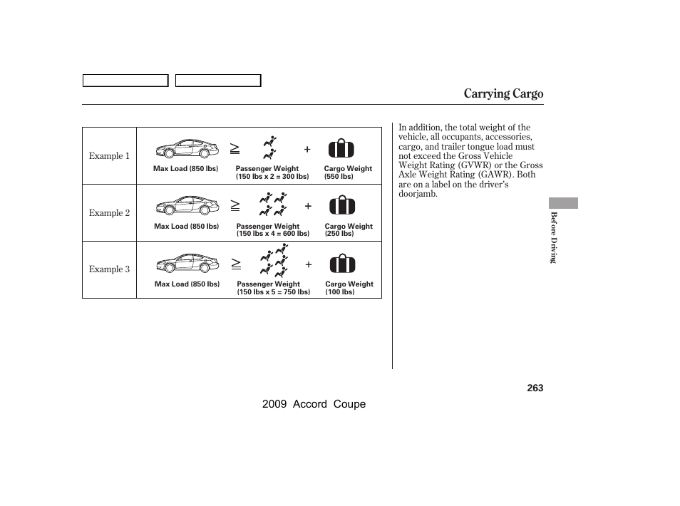 Carrying cargo, 2009 accord coupe | HONDA 2009 Accord Coupe User Manual | Page 266 / 412
