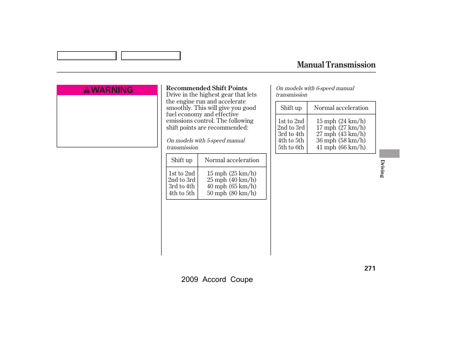 Manual transmission | HONDA 2009 Accord Coupe User Manual | Page 274 / 412