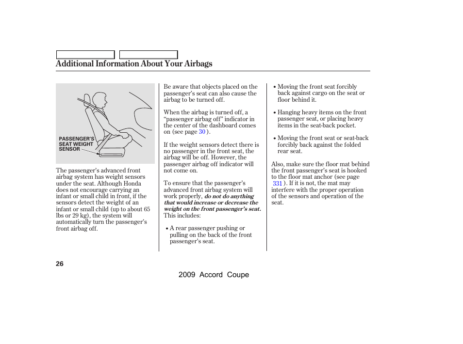 Additional information about your airbags | HONDA 2009 Accord Coupe User Manual | Page 29 / 412