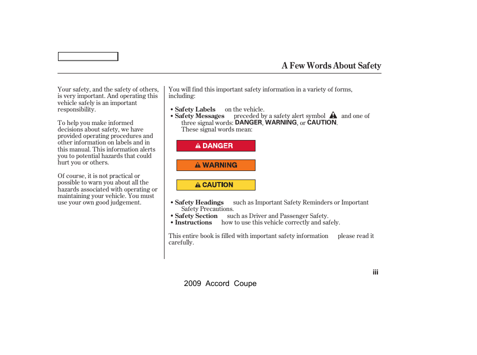 A few words about safety | HONDA 2009 Accord Coupe User Manual | Page 3 / 412