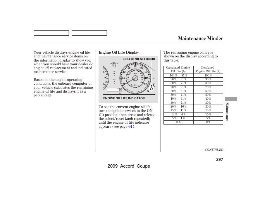 Maintenance minder, 2009 accord coupe | HONDA 2009 Accord Coupe User Manual | Page 300 / 412