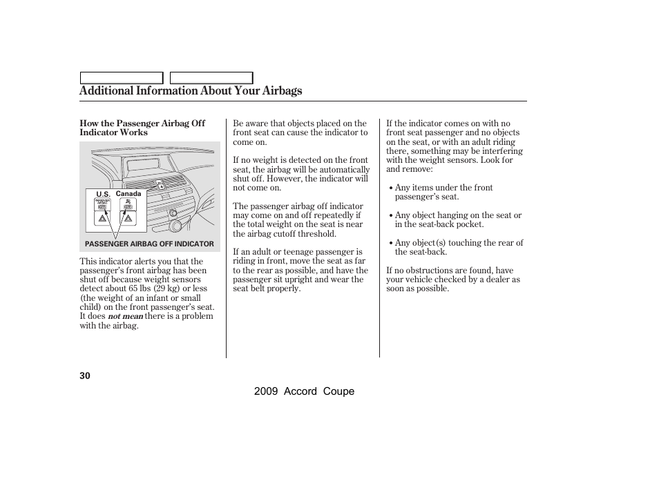 Additional information about your airbags | HONDA 2009 Accord Coupe User Manual | Page 33 / 412