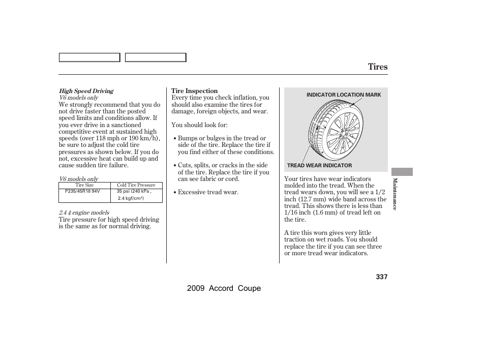 Tires, 2009 accord coupe | HONDA 2009 Accord Coupe User Manual | Page 340 / 412