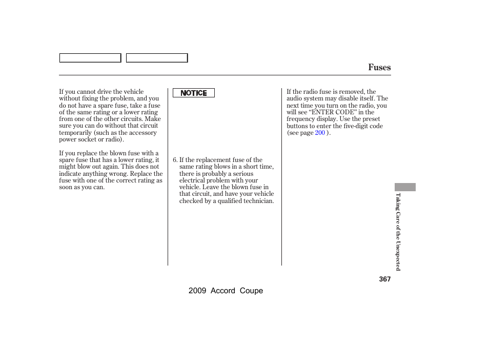 Fuses, 2009 accord coupe | HONDA 2009 Accord Coupe User Manual | Page 370 / 412