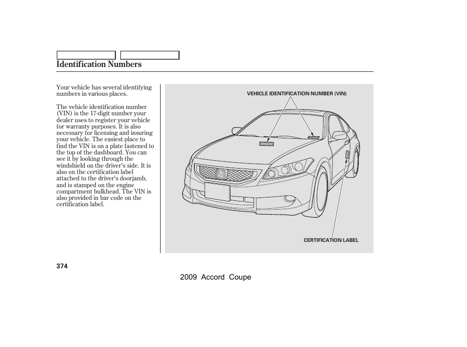 Identification numbers | HONDA 2009 Accord Coupe User Manual | Page 377 / 412