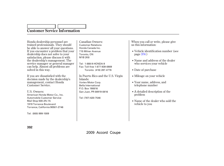 Customer service information | HONDA 2009 Accord Coupe User Manual | Page 395 / 412