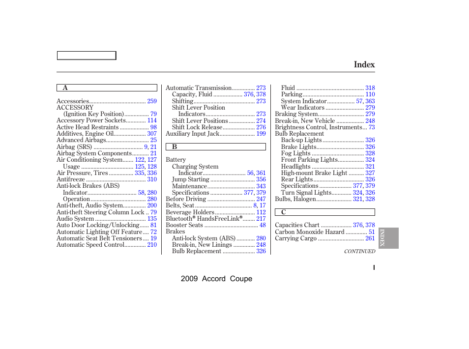 Index | HONDA 2009 Accord Coupe User Manual | Page 400 / 412