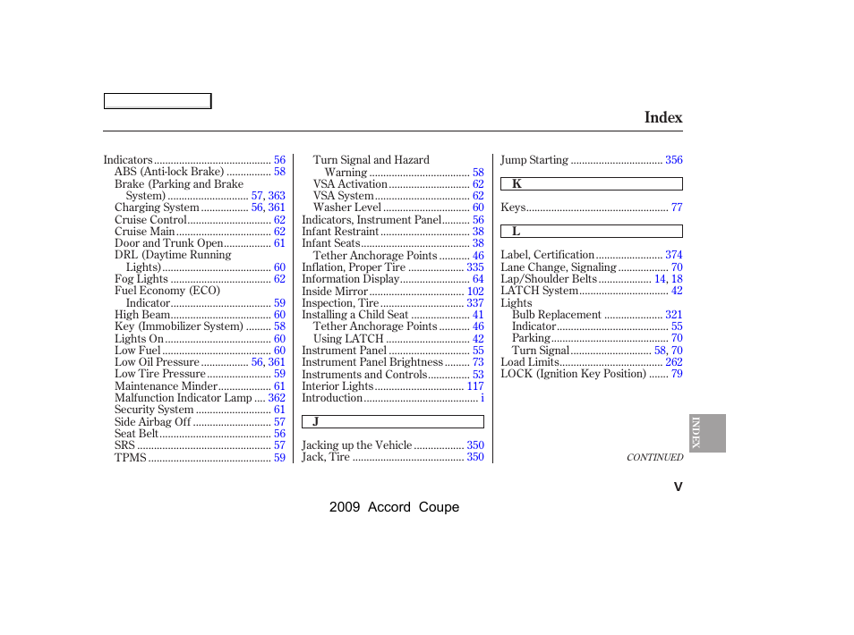 Index | HONDA 2009 Accord Coupe User Manual | Page 404 / 412