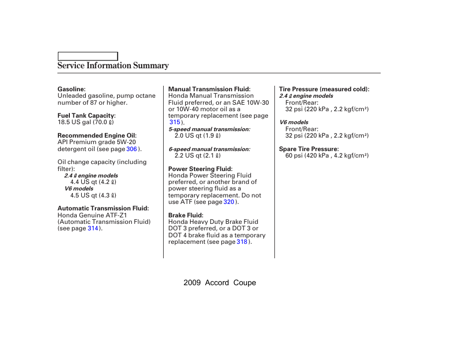 Service information summary | HONDA 2009 Accord Coupe User Manual | Page 411 / 412